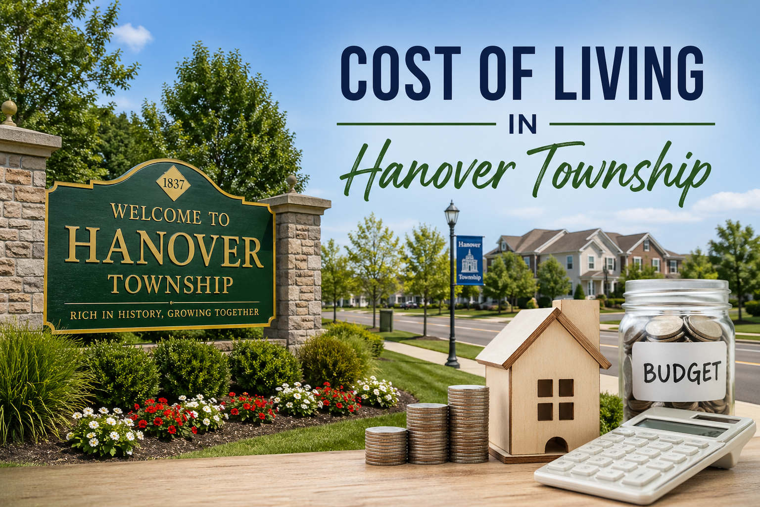 Suburban homes in Hanover Township with financial elements like coins and a calculator representing the local cost of living.