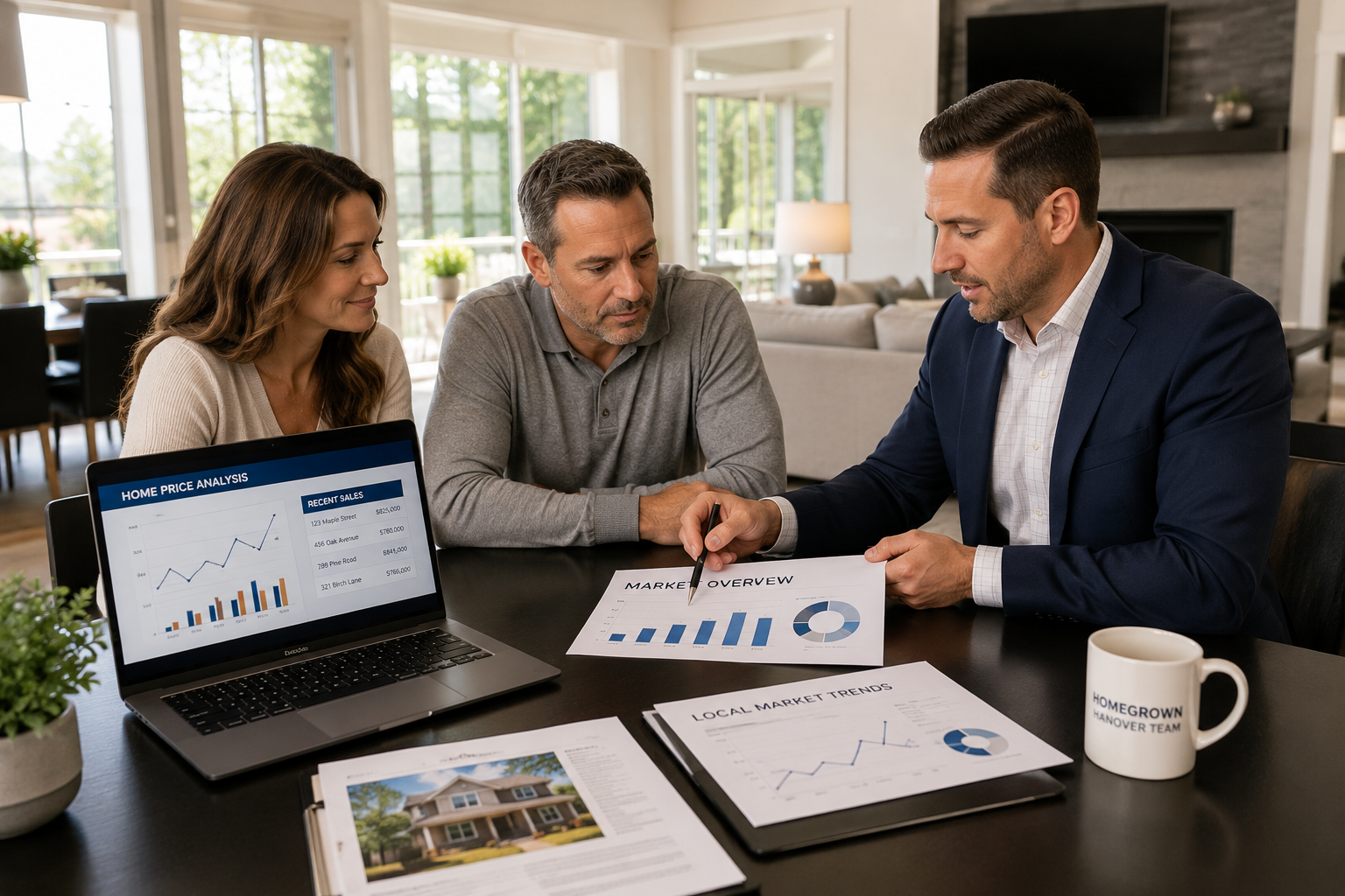 Real estate agent discussing How to Price Your Home Correctly in NJ using market analysis charts.