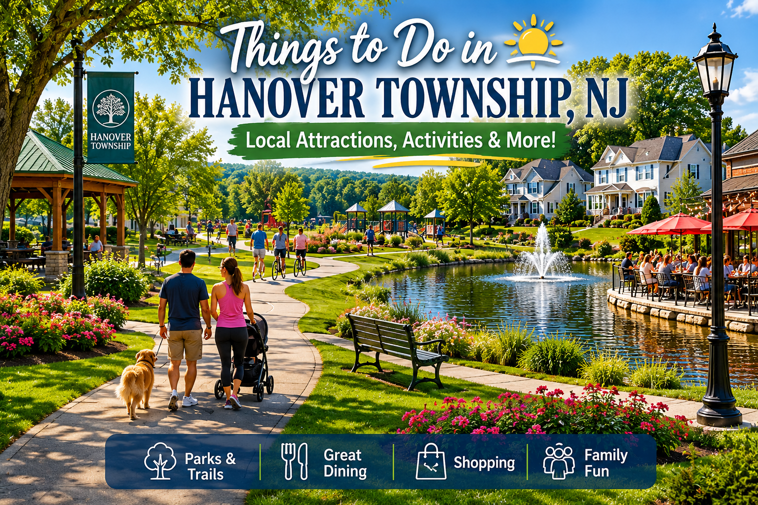 Family enjoying a sunny day in Hanover Township NJ park with walking trails, pond, local dining area, and upscale suburban homes featuring the text “Things to Do in Hanover Township, NJ