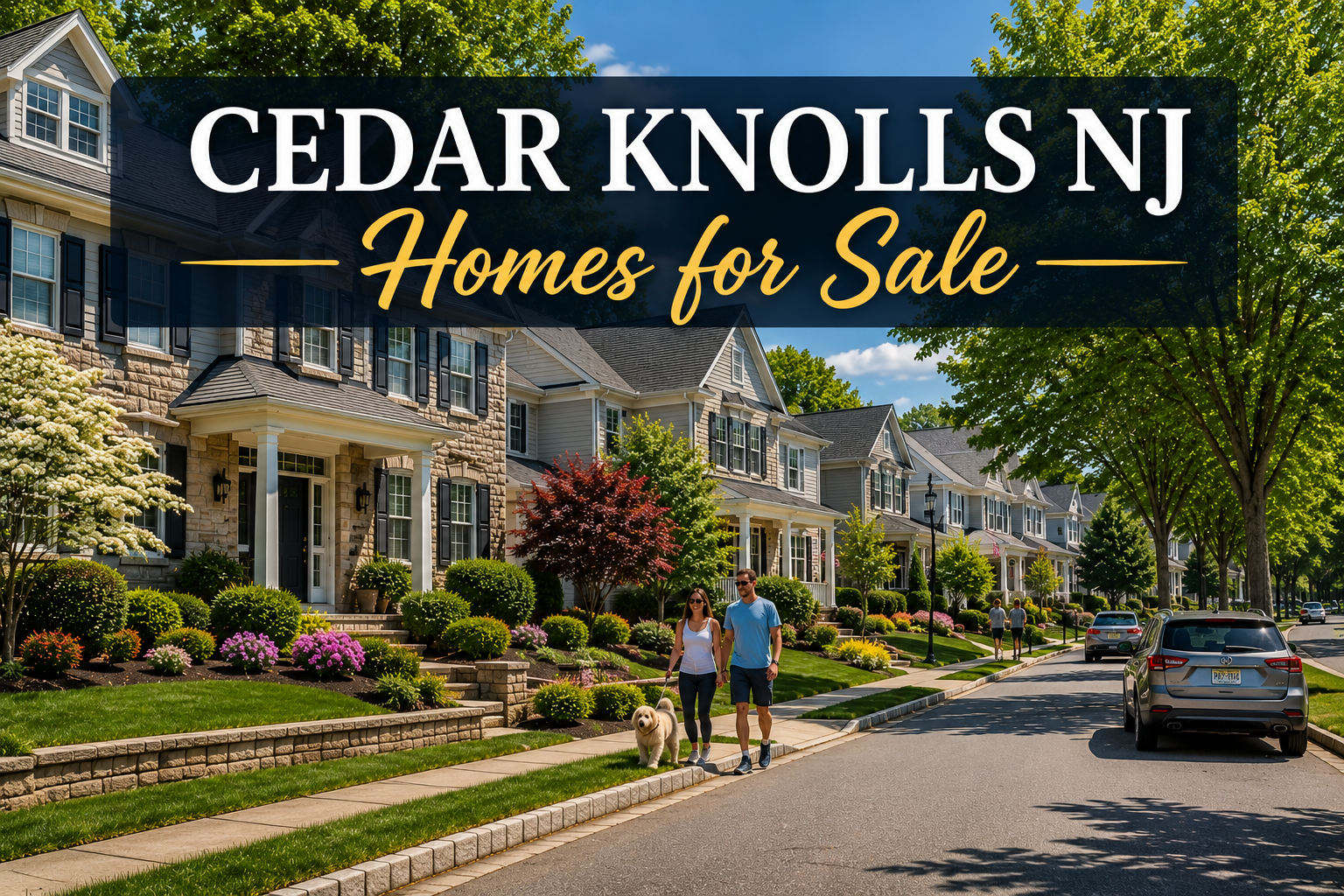 Cedar Knolls NJ homes for sale in an upscale suburban neighborhood featuring elegant homes, mature trees, landscaped front yards, parked cars, and residents walking along the sidewalk on a sunny day.