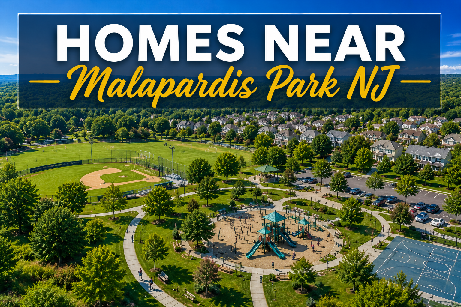 Homes near Malapardis Park NJ featuring nearby residential neighborhoods, walking trails, playgrounds, athletic fields, and community recreation areas in Hanover Township.
