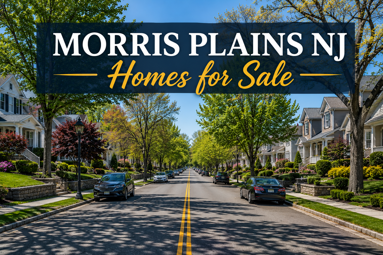 Morris Plains NJ homes for sale along a tree-lined residential street featuring charming suburban homes, landscaped front yards, parked cars, and a sunny neighborhood atmosphere.
