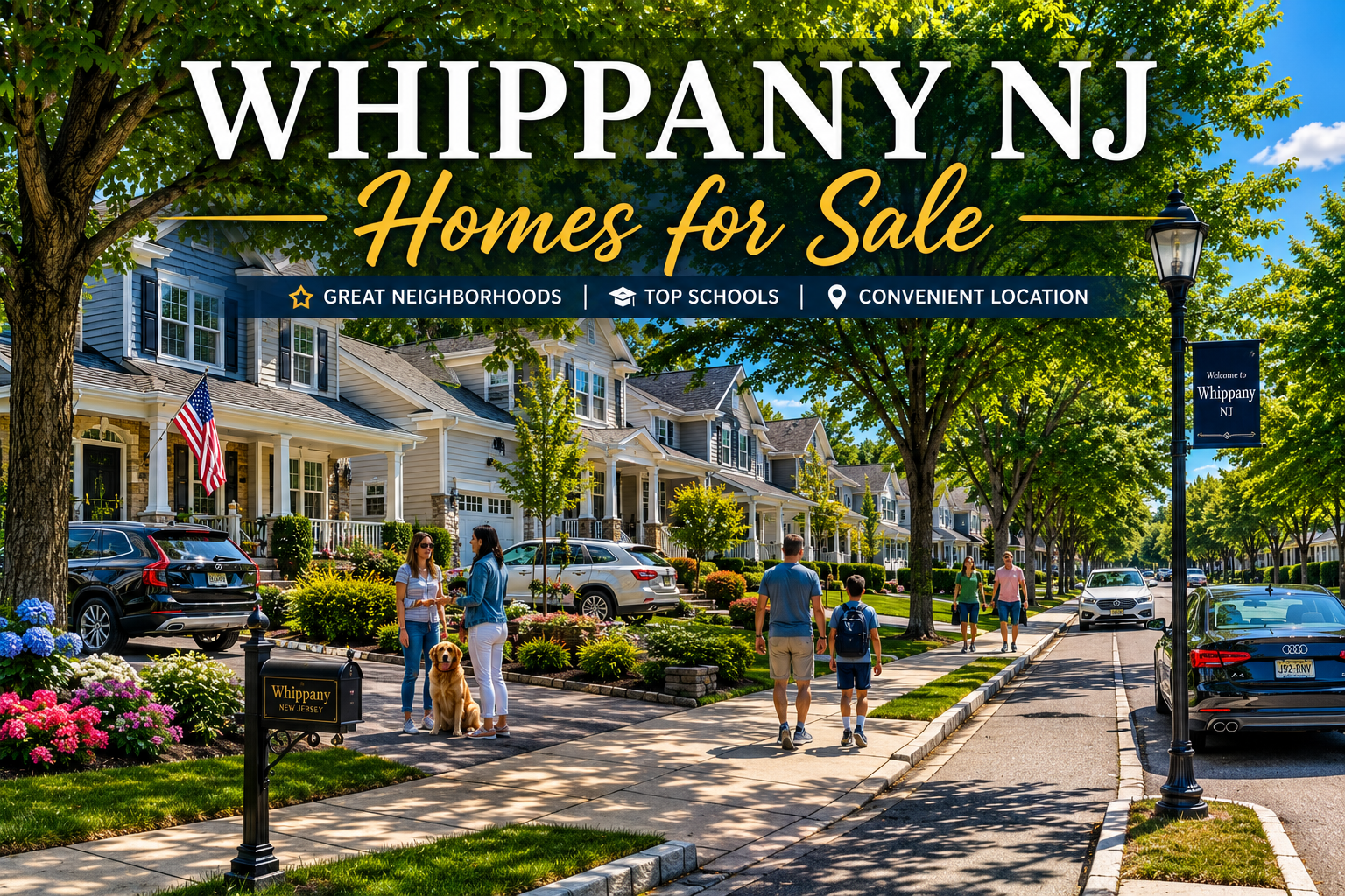 Whippany NJ homes for sale in a vibrant suburban neighborhood featuring modern homes, parked cars, residents walking and socializing, tree-lined streets, and landscaped front yards.