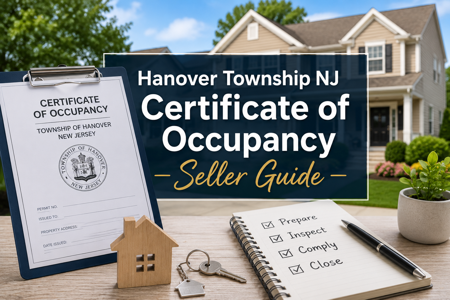 Hanover Township NJ Certificate of Occupancy seller guide featuring a certificate document, house, keys, and home inspection checklist.