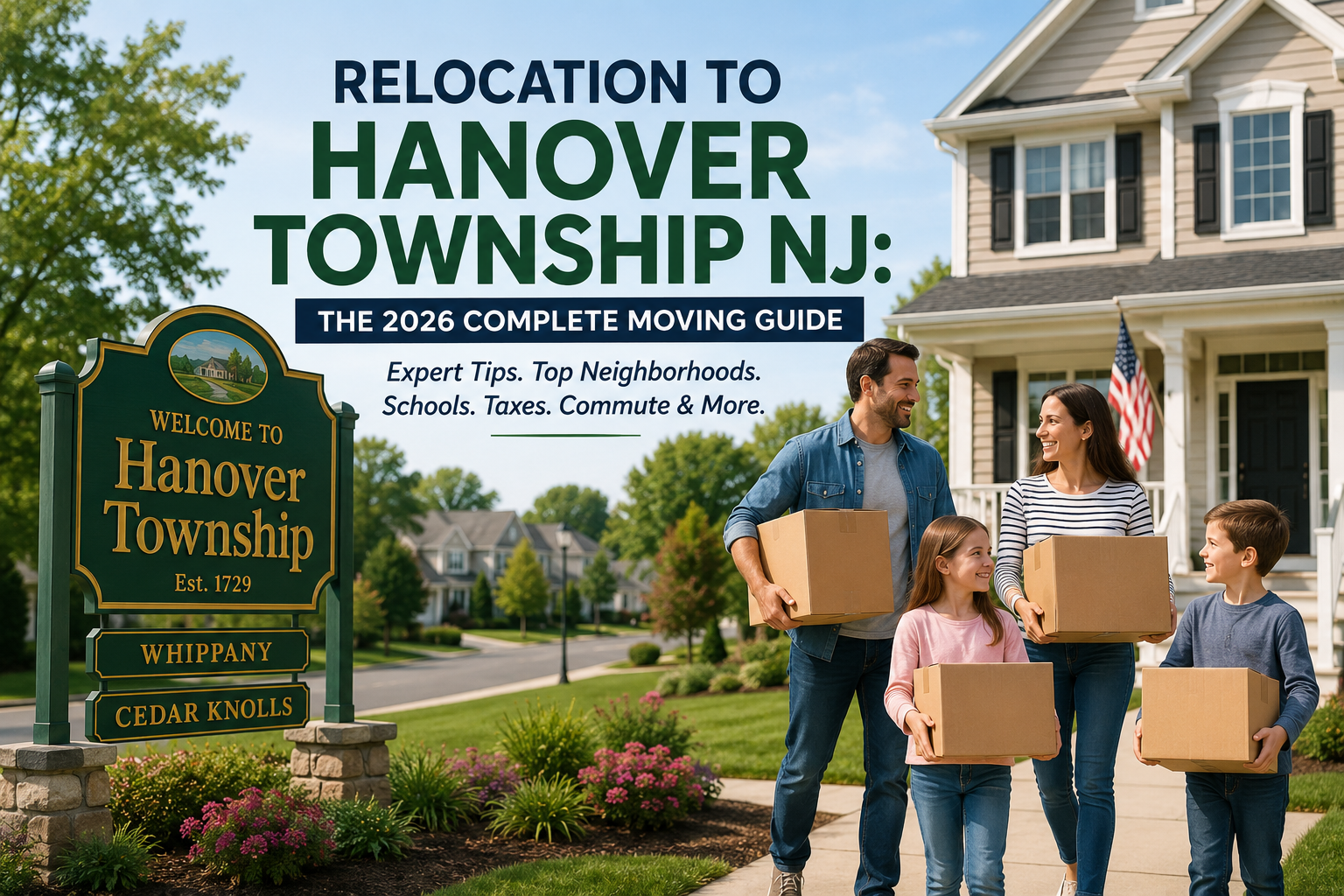 Family relocating to Hanover Township, NJ near Whippany and Cedar Knolls with a welcome sign and suburban homes in the background.