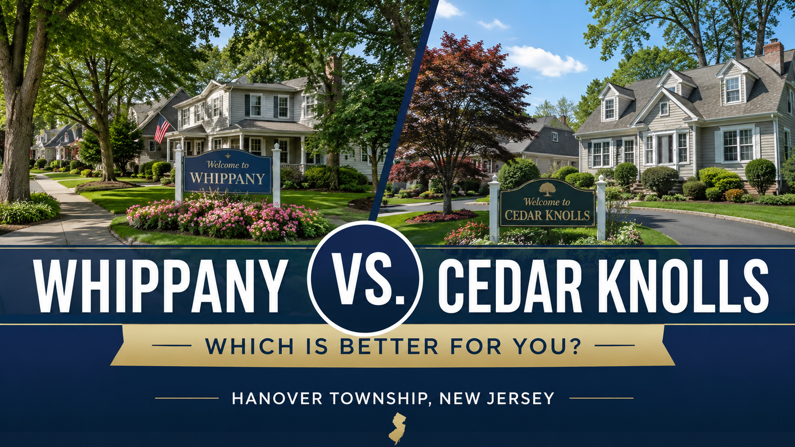 Side-by-side view of residential neighborhoods representing Whippany and Cedar Knolls in Hanover Township, New Jersey.