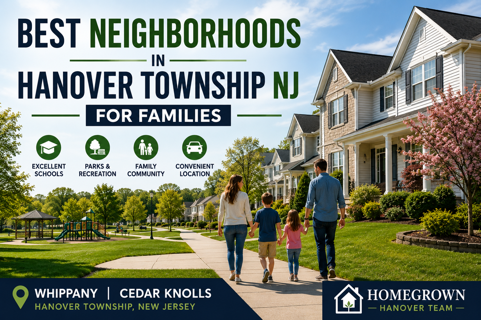 Family-friendly residential neighborhood in Hanover Township, NJ, with homes, trees, and nearby outdoor recreation.
