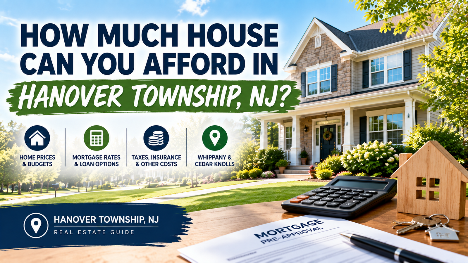 How much house you can afford in Hanover Township NJ, showing a suburban home and home-buying affordability concept.