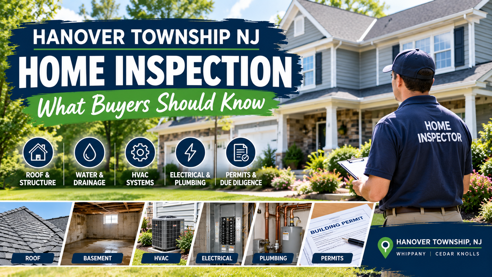 A realistic suburban Hanover Township, NJ home in Whippany or Cedar Knolls with a professional home inspector examining the exterior while holding a clipboard/tablet. Include subtle visual cues of a roof, basement/foundation, HVAC system, and inspection checklist without making the image look overly graphic.