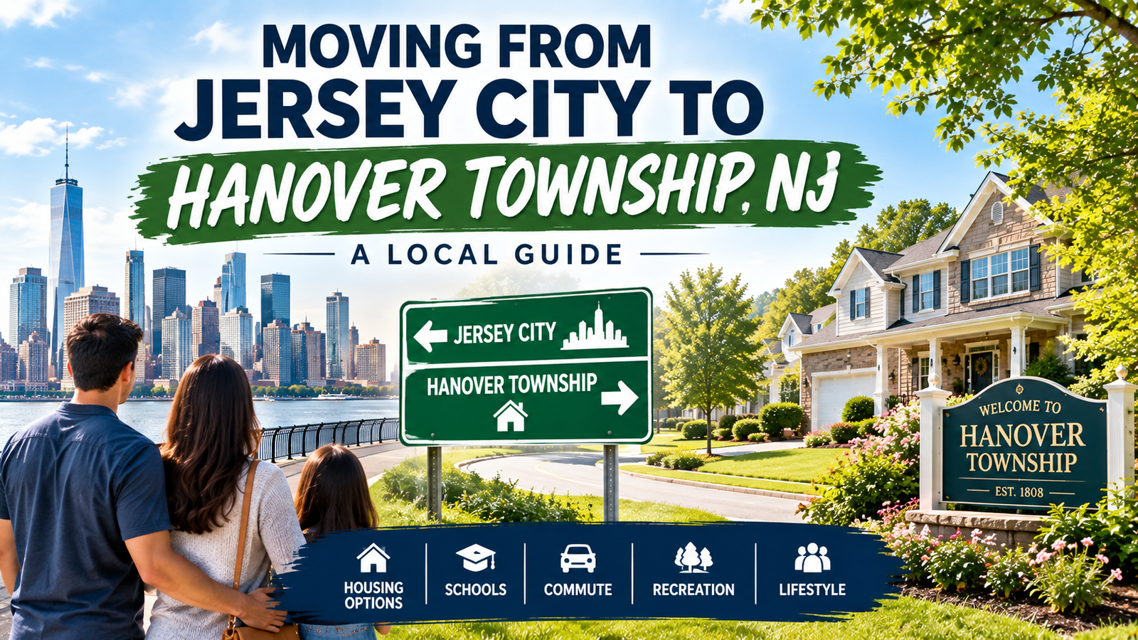 Moving from Jersey City to Hanover Township NJ, featuring a family, suburban home, and comparison of housing, schools, commuting, recreation, and lifestyle.