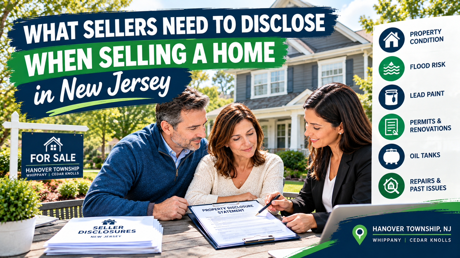 New Jersey home sellers reviewing property disclosure documents with a real estate agent, covering property condition, flood risk, lead paint, permits, and past repairs.