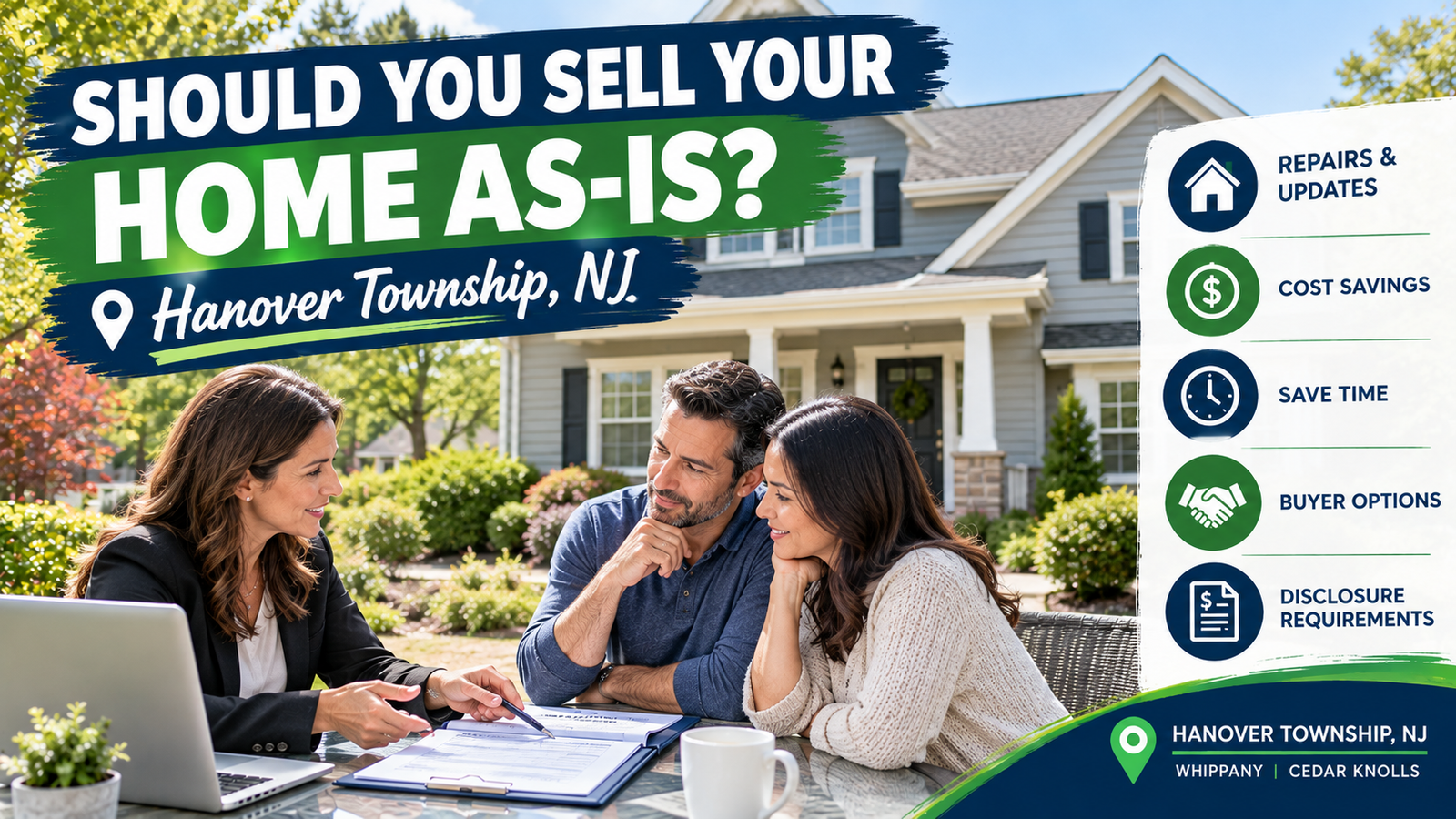 Hanover Township NJ homeowners discussing whether to sell their home as-is or make repairs before listing.